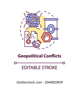 Geopolitical conflicts concept icon. Energy security threat idea thin line illustration. Political instability. Energy supplies manipulation. Vector isolated outline RGB color drawing. Editable stroke