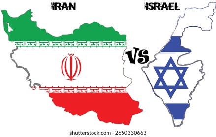 Geopolitical illustration showing maps of Iran and Israel with the colors of their respective national flags. This image depicts the political tension or conflict between the two countries.