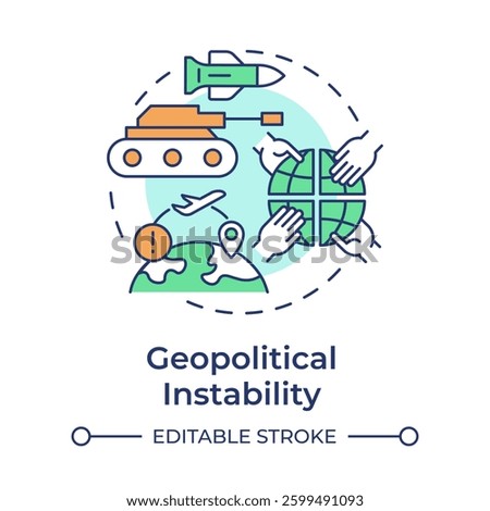 Geopolitical instability multi color concept icon. Type of critical events. Travel risk management. Round shape line illustration. Abstract idea. Graphic design. Easy to use in presentation