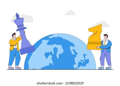 Geopolitical Risk, Trade Agreement, Power To Gain Advantage From World Economics, International Conflict, War And Invasion Concepts. Two Businessman Leader Controlling Chess Pieces On Earth Globe.