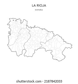 Geopolitische Karte der Autonomen Gemeinschaft La Rioja mit Regionen (Regionen), Rechtsgebieten (Partidos Judiciales) und Gemeinden (Municipios) ab 2022 - Spanien