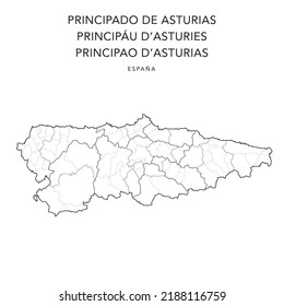 Geopolitische Vektorkarte des Fürstentums Asturien (Principado de Asturias) mit Rechtsgebieten (Partidos Judiciales), Comarques (Comarcas) und Gemeinden (Consejos) ab 2022 - Spanien