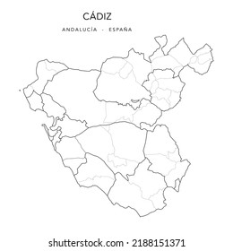 Geopolitical Vector Map of the Province of Cádiz (Andalusia) with Jurisdictions (Partidos Judiciales), Comarques (Comarcas) and Municipalities (Municipios) as of 2022 - Spain