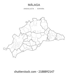 Geopolitical Vector Map of the Province of Málaga (Andalusia) with Jurisdictions (Partidos Judiciales), Comarques (Comarcas) and Municipalities (Municipios) as of 2022 - Spain