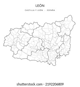 Geopolitical Vector Map of the Province of León (Castile and León) with Jurisdictions (Partidos Judiciales), UBOST, the Comarque of El Bierzo and Municipalities (Municipios) as of 2022 - Spain