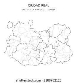 Geopolitical Vector Map of the Province of Ciudad Real (Castilla-La Mancha) with Jurisdictions (Partidos Judiciales), Comarques (Comarcas) and Municipalities (Municipios) as of 2022 - Spain