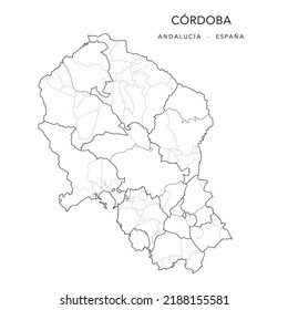 Geopolitical Vector Map of the Province of Cordova (Córdoba), Andalusia with Jurisdictions (Partidos Judiciales), Comarques (Comarcas) and Municipalities (Municipios) as of 2022 - Spain