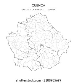 Geopolitical Vector Map of the Province of Cuenca (Castilla-La Mancha) with Jurisdictions (Partidos Judiciales), Comarques (Comarcas) and Municipalities (Municipios) as of 2022 - Spain