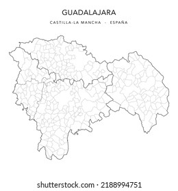 Geopolitical Vector Map of the Province of Guadalajara (Castilla-La Mancha) with Jurisdictions (Partidos Judiciales), Comarques (Comarcas) and Municipalities (Municipios) as of 2022 - Spain