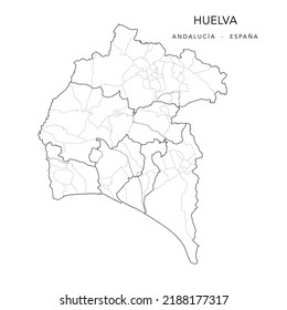 Geopolitical Vector Map of the Province of Huelva (Andalusia) with Jurisdictions (Partidos Judiciales), Comarques (Comarcas) and Municipalities (Municipios) as of 2022 - Spain