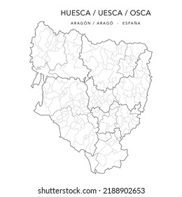 Geopolitical Vector Map of the Province of Huesca (also Uesca or Osca), Aragon with Jurisdictions (Partidos Judiciales), Comarques (Comarcas) and Municipalities (Municipios) as of 2022 - Spain