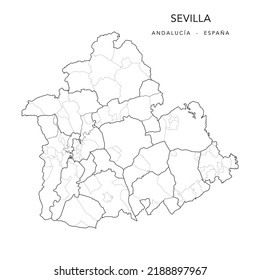 Geopolitical Vector Map of the Province of Seville (Sevilla), Andalousia with Jurisdictions (Partidos Judiciales), Comarques (Comarcas) and Municipalities (Municipios) as of 2022 - Spain