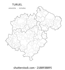 Geopolitical Vector Map of the Province of Teruel (Aragon) with Jurisdictions (Partidos Judiciales), Comarques (Comarcas) and Municipalities (Municipios) as of 2022 - Spain