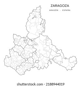 Geopolitische Vektorkarte der Provinz Zaragoza (Aragon) mit Gerichtsbarkeiten (Partidos Judiciales), Comarques (Comarcas) und Gemeinden (Municipios) ab 2022 - Spanien