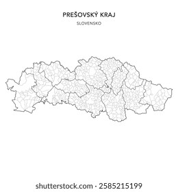 Geopolitical Vector Map of Prešov Region (Prešovský Kraj) with Municipalities (Obcí), and Districts (Okres) Administrative Subdivisions as of 2025 - Slovakia (Slovensko)