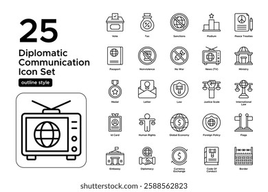 Geopolitics and Foreign Relations. Diplomacy, Political Strategy, and International Affairs. Vector Illustration. Outline icon set