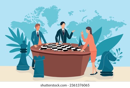 Geopolitics global politic flat composition with doodle human characters standing at chess board with world map vector illustration