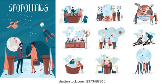 Geopolitics global politic flat composition with space collaboration and set of icons with characters of officialls vector illustration