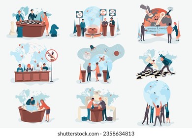 Geopolitics global politic flat set of isolated compositions with people signing agreements fighting and playing chess vector illustration