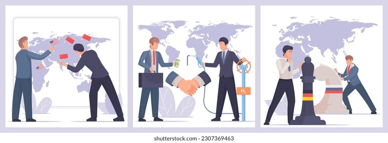 Geopolitics global politic set of three square compositions with officials in front of flat world map vector illustration