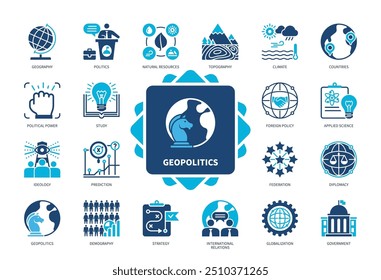 Geopolitics icon set. Topography, Climate, Diplomacy, Foreign Policy, Applied Science, Study, Federation, Demography. Duotone color solid icons