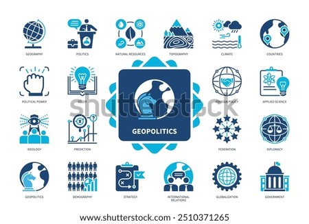 Geopolitics icon set. Topography, Climate, Diplomacy, Foreign Policy, Applied Science, Study, Federation, Demography. Duotone color solid icons