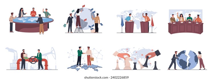 Geopolitics people. Global politics, negotiations, meetings, presidential candidates debates, election and governance, male and female politics, cartoon flat illustration. Nowaday vector set