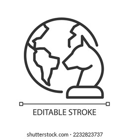 Geopolitics pixel perfect linear icon. International governance. World map. Foreign relations. Thin line illustration. Contour symbol. Vector outline drawing. Editable stroke. Arial font used