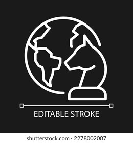 Geopolitics pixel perfect white linear icon for dark theme. International governance. Global diplomacy. Thin line illustration. Isolated symbol for night mode. Editable stroke. Arial font used