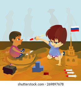 Geopolitics, sarcasm, confrontation of powers, children play fighting in children's sand Playground
