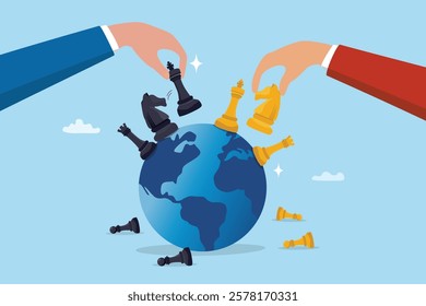 Geopolitics world country trade alliance, diplomacy with superpower nations, relationship or negotiation for trade war, tariff or sanction concept, hand playing chess to win geopolitics trade war.