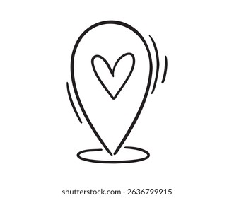 Geoposition or location pin heart. place on the map love icon doodle hand drawn. Outline line drawing clipart symbol. Vector illustration