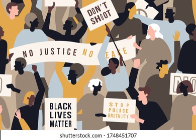 George Floyd protests across America. People with streamer and signs protesting for Black Lives Matter movement . Concept of protest vector illustration. Seamless pattern.