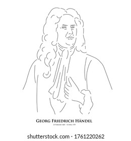 George Frideric Handel (23 February 1685 – 14 April 1759) A master of historical music. Line drawing portrait illustration.