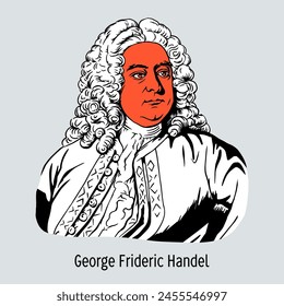 Georg Friedrich Händel war ein deutscher und englischer Barockkomponist, der für seine Opern, Oratorien und Konzerte bekannt war. handgezeichnete Vektorillustration