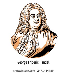 Georg Friedrich Händel war ein deutscher und englischer Komponist des Barock, berühmt für seine Opern, Oratorien und Konzerte. handgezeichnete Vektorillustration