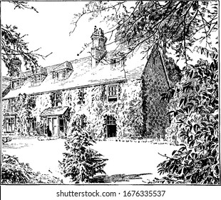 George Herbert's Rector House located in Bremerton, he was a 17th Century poet and priest, vintage line drawing or engraving illustration.