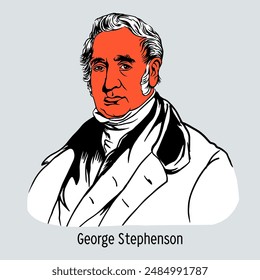 George Stephenson is an English inventor and mechanical engineer. The steam locomotive he invented gained worldwide fame. Considered the "father" of railways. Hand drawn vector illustration