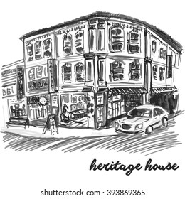 George town, Penang, Malaysia. Unique rough felt-tip pen and ink drawn image for travel tour promotion, card, invitation, wed, greetings, banner, poster, ticket, flyer, template, leaflet, brochure.