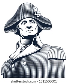 George Washington (1732-1799) portrait in line art. He was the Founding Father of USA and the first president. In American Revolutionary War, he led Patriot forces to victory over the British.