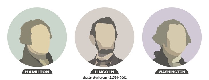 George Washington, Abraham Lincoln and Alexander Hamilton, politicians and Presidents of the United States of America. Stylized vector portraits on white background