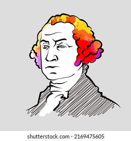 George Washington colorful hair vector drawing. Hand-drawn outline sketch. Drawing for use on any marketing project and for resale as print.