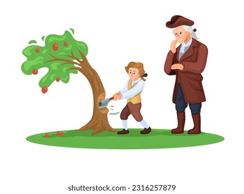 George Washington Cutting Cherry Trees With His Father. First President Of The United States America Iconic Story Scene illustration Vector