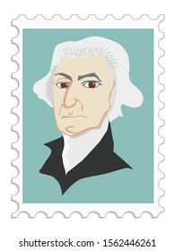 George Washington first president and one of founder of USA. American political leader, military general, statesman, and Founding Father. Vector, coloured portrait on stamp. Famous people series