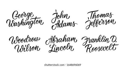 George Washington, John Adams, Thomas Jefferson, Woodrow Wilson, Abraham Lincoln, Franklin D. Roosevelt. American presidents lettering set. Creative typography for your design. Vector illustration.