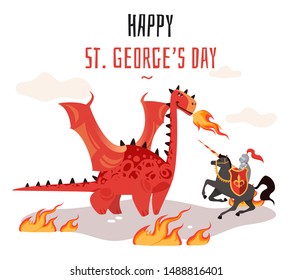 Georges day. Cartoon tradition happy saint george s green card with dragon and medieval tale legend knight vector shield, sword flag cross horse illustration