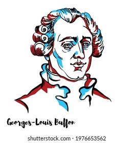 Georges-Louis Buffon engraved vector portrait with ink contours on white background.  French naturalist, mathematician, cosmologist, and encyclopediste.