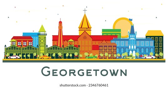 Georgetown City Skyline mit Farbbauten einzeln auf Weiß. Vektorgrafik. Business Travel and Tourism Konzept mit moderner Architektur. Georgetown Stadtlandschaft mit Sehenswürdigkeiten.