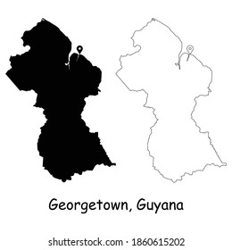 Georgetown Guyana. Detailed Country Map with Location Pin on Capital City. Black silhouette and outline maps isolated on white background. EPS Vector