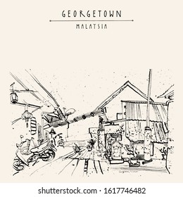 Georgetown, Penang, Malaysia, Southeast Asia. Narrow street, traditional houses, plants. Vintage travel sketch postcard, poster template. Artistic illustration. EPS10 vector art